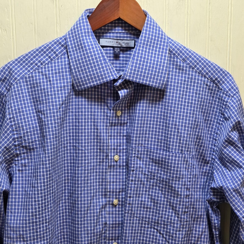 Tommy Hilfiger Dress Shirt Mens M 15.5 32/33 Blue Gingham Regular Fit Cotton LS